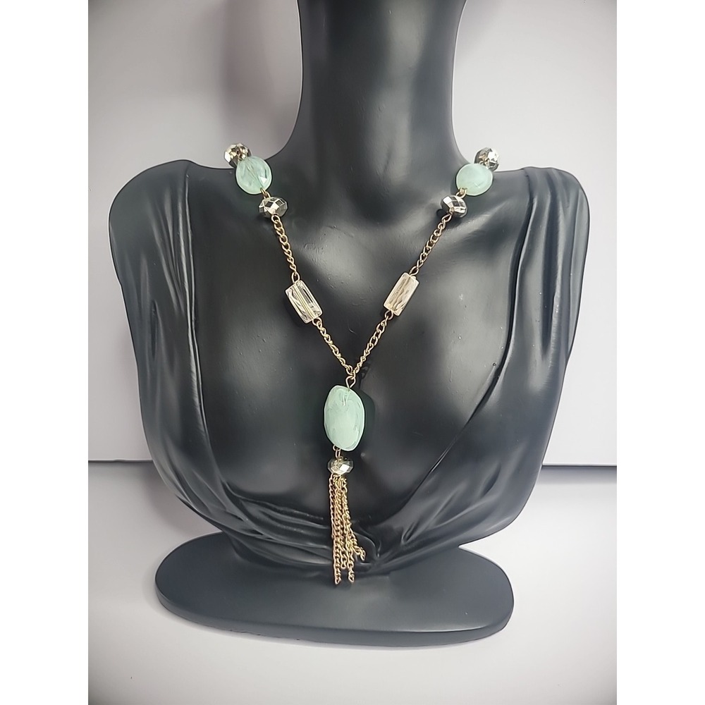 Vintage Gold Tone Beaded‎ Necklace Green Beige Jewelry Costume